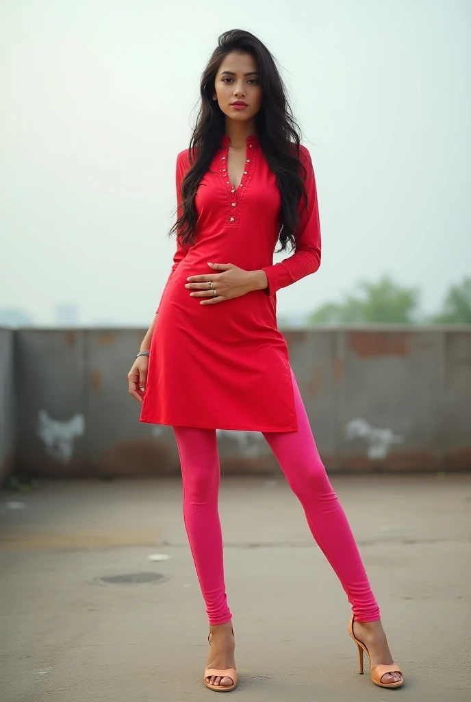     girl churidar indian kurti tight legging red pink kurti tight on roof legs open pose one leg up pose full image from head to leg tight leggings one leg up tight legging in tight no salwar no plazo only tight leggings hot leggings with kurti indian chur...