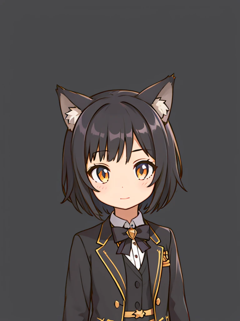 high quality, detailed,character portrait,  1 girl,  shortcuts, black hair, wolf ears, tuxedo simple background, whole body