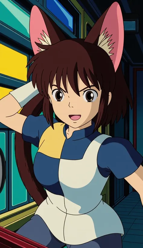 1990s anime sci-fi kooky cat female, full detailed eyes, action pose, toriyama, miyazaki