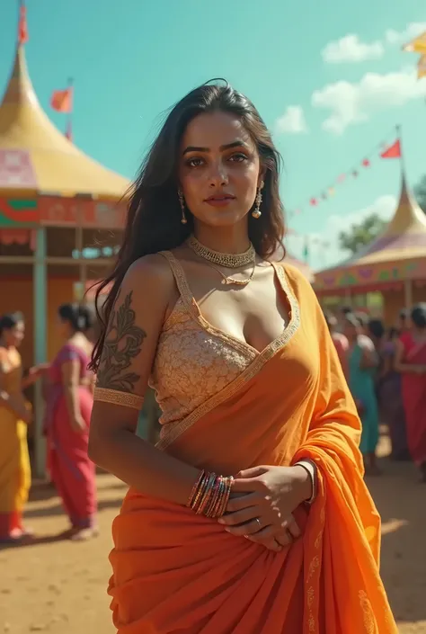 An Indian aunty, transparent full saree,u cut blouse,curve body,(background) indian village circus, detailed body,real photography, masterpiece, village circus atmosphere, realistic, natural,8k, cinematic lighting,warm, beautiful blue sky,ultra wide angle