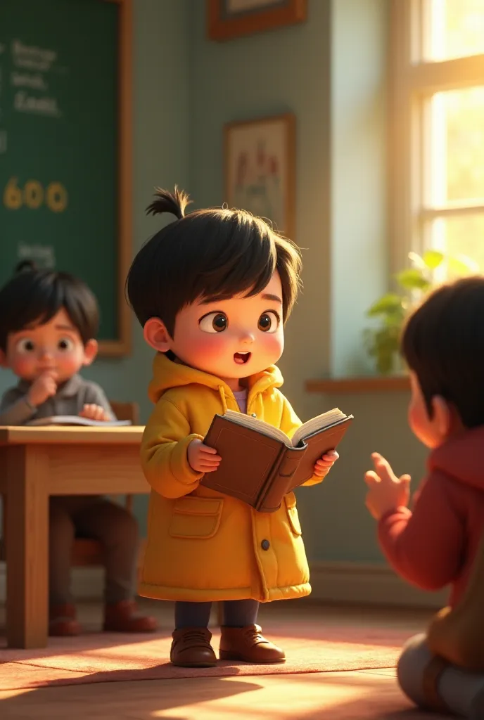 very cute cartoon character, classroom,  watch a teacher tell a story with friends , unreal engine, warm interior lighting, art ...