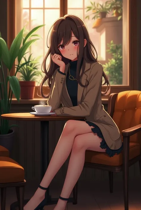 In an anime art style, a young woman with long wavy brown hair wearing a chic outfit sits in a coffee shop looking sad.