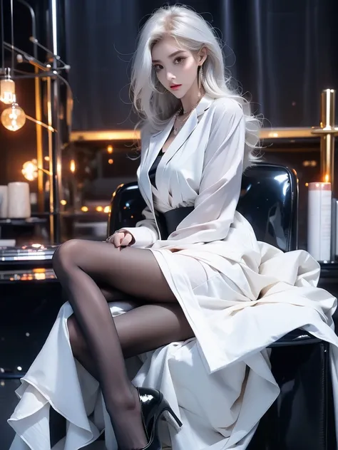 woman wearing business clothes, focus on face, formal blazer, White shirt, High heel, Black high waist business skirt, Black transparent pantyhose, beautiful, masterpiece, best quality, extremely detailed face, perfect eyes, soft lighting, beautiful hands,...