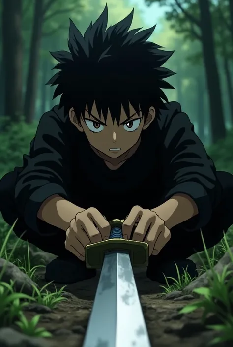 anime style : Akira, an 18-year-old with messy black hair , fair skin and brown eyes, black clothes, , is faced with his sword stuck in the ground next to him . He crouches ,  and the perspective is a close up in his hands as he holds it firmly. A sword, w...