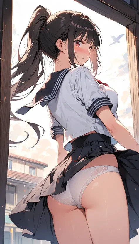 Beauty　 ponytail　Black Hair　Embarrassed　blush　Black Sailor Suit　 the skirt is turned over 　Pure white underwear　pubic hair　 Standing Posture　Strong winds　Back of the school building　Shooting from below