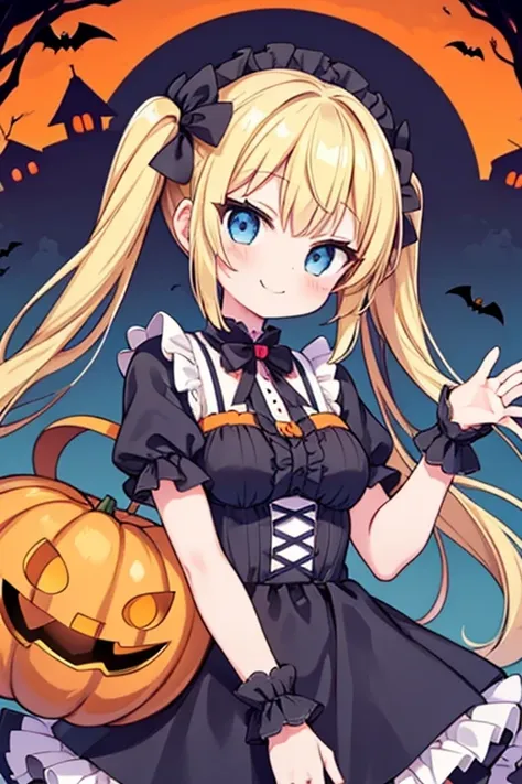 halloween,a happy smile,large serving of tuna,large amount of steak,highest quality,blonde with blue eyes、lolita、small breasts、t...