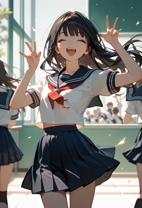 Score_9,Score_8_up,Score_7_up,highest quality,detailed,1 beautiful 18yo girl,JK,slim,(black_long_hair,straight_bangs),(wearing school uniform:1.2),(perfect anatomy),(cheering:0.1)