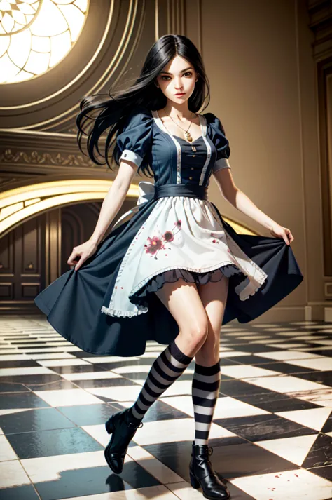 (masterpiece,  best quality )
, 1 girl, one,  black hair , flower, dress, rose, blood,  long hair,  jewelry , apron белый, neckl...