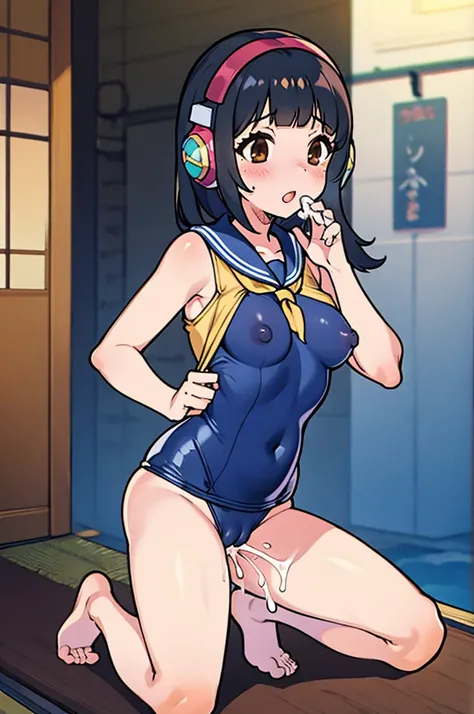 NSFW, SEX,  cum in pussy, 1boy, black hair, blunt bangs, Brown eyes, headphones, girl wearing a Japanese school swimsuit, dark blue swimsuit, big brest