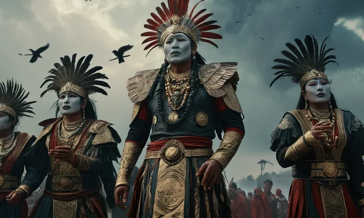  The scene is atmospheric and open ., ancient images of sacrifices,  Smoky and smoky , Birds dressed as humans dancing, Sunday worship , ( Detailed costume details , Detailed clothing with a sense of light),  Faint appearing ,  detailed bird feather detail...