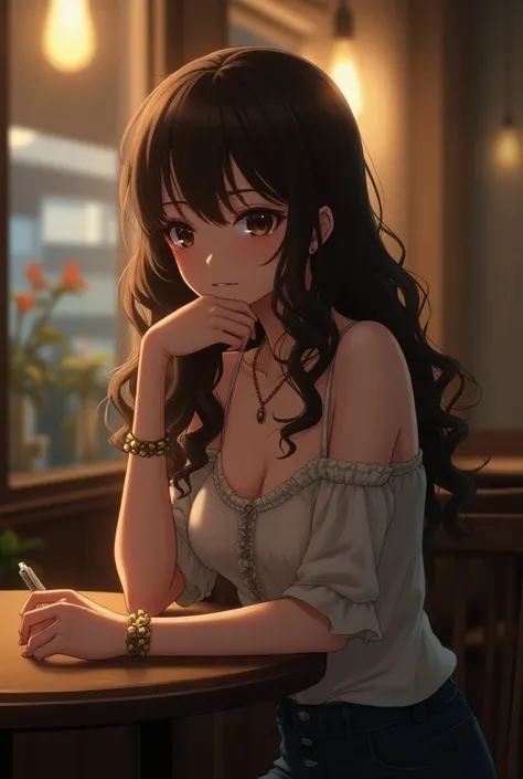 In an anime art style, a young woman with long wavy brown hair wearing a stylish blouse, a necklace, and a bracelet sits across a table in a coffee shop looking sad.