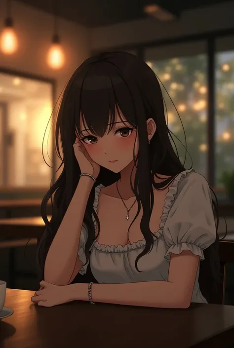 In an anime art style, a young woman with long wavy brown hair wearing a stylish blouse, a necklace, and a bracelet sits across a table in a coffee shop looking sad.