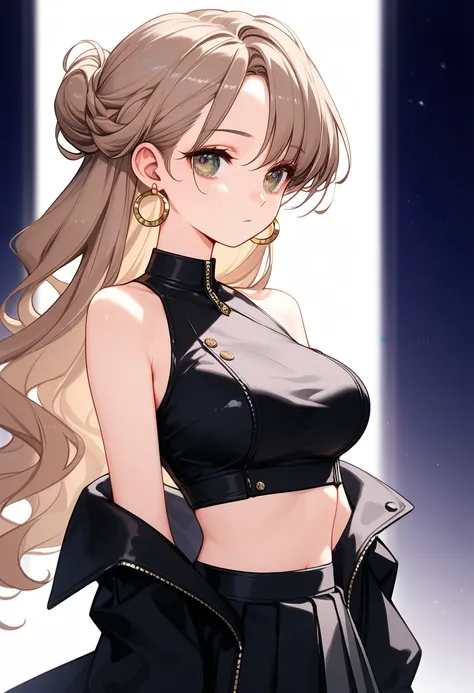 masterpiece, best quality, Detailed Eyes, girl, upstage, ashgray long hair, wavy hair, braided bangs, ahsgray half updo, large breast, expressionless, beautiful hazel eyes, big Oversized black leather jacket, Mini pleated dark charcoal skirt, White crop to...