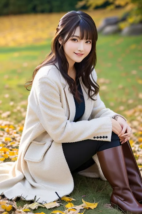 japanese model wearing a red coat and black boots sitting on a yellow leaf,  elegant japanese woman,   wearing a red jacket , cu...