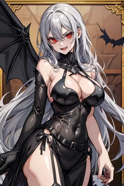 (((grey long hair))), (((red eyes))), Ladydevimon, bat lingerie, cleavage, underboob, masterpiece, best quality, black wings, hair ornament, fireplace, looking at viewer, furrowed brow, smile,Halloween party, large breasts, Very detailed、highest quality、Be...