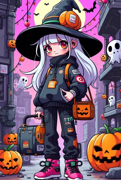  cyberpunk，Halloween comic graffiti ：One wearing a hat、cartoon girl with pumpkins and other items,portable candy basket，  Halloween art style , Witch Girl, Halloween style, Bright witch, Trick or Treat, Colorfull illustration, Halloween theme, Lovely art s...