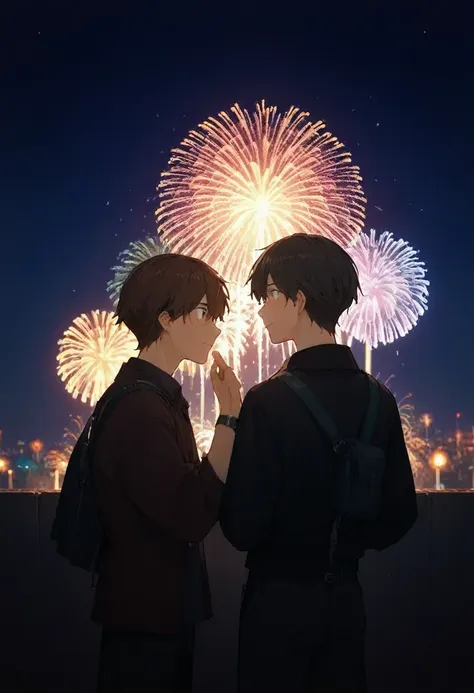  there are two men。One is a tall teacher 。 and the other is a dark-haired high school student  。The two seem to be having fun 。dating between guys。Two people watch fireworks。