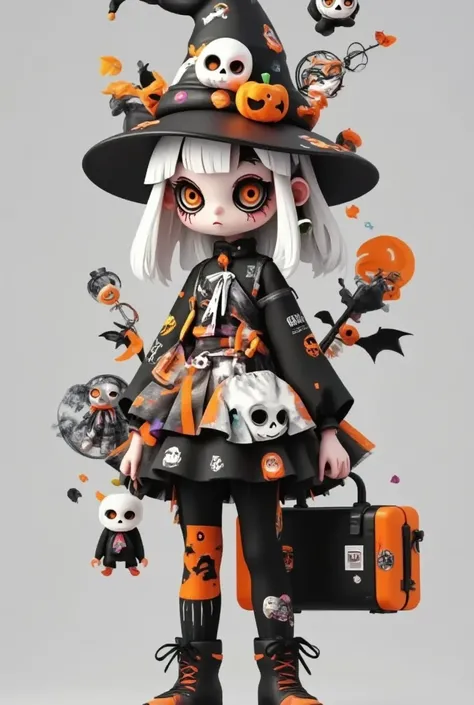  A cartoon girl in a witch hat and a black jacket holding a suitcase, Animation drawn by Kanbun Master, pixiv, Pixel Art,  Halloween art style , Anime style 4K, Witch Girl, Halloween style, Halloween theme, 🍂 Lovely, Lovely art style, Trick or Treat, spook...