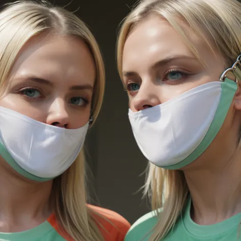 two sporty blonde girls ((gagged)) high detail closeup, masterpiece, soft light