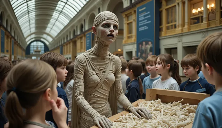 Wide View、Museum Exhibit 、The British Museum、Elementary school students are visiting from afar、break、Mommy、全身bandage姿、(((bandageだらけの顔、bandage)))、 black eyeshadow、Black lipstick、 Extremely Thin 、anorexic woman 、morbid expression、break、棺桶から見物人を観察するMommy、Look...