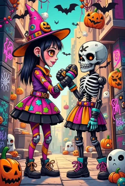  cyberpunk，Halloween comic graffiti ：女巫和Skeleton先生，boxing，  Halloween art style , Witch Girl, Halloween style, Bright witch, Trick or Treat, Colorfull illustration, Halloween theme, Lovely art style, Sugarpunk character design, mechanized Witch Girl,  colo...