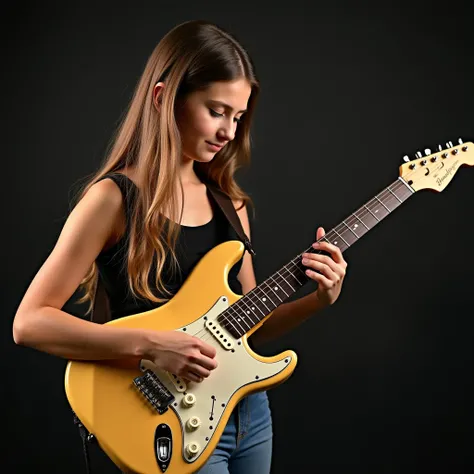 young teenager girl with long hair cream playing guitar electric 