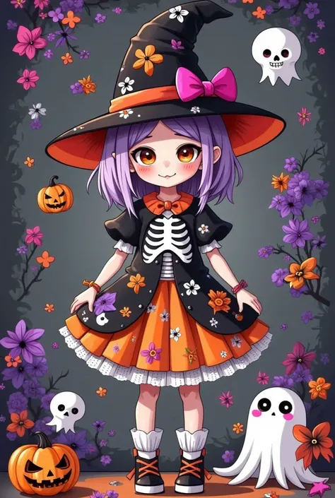 A cartoon girl wearing a witch hat and a skull costume, Animation drawn by Kanbun Master, pixiv, Gothic art,  Halloween art style , Witch Girl, Lovely art style, Halloween style, Cute skeleton, Skullgirls, Horror style, Scary cute , anime art style, Bright...