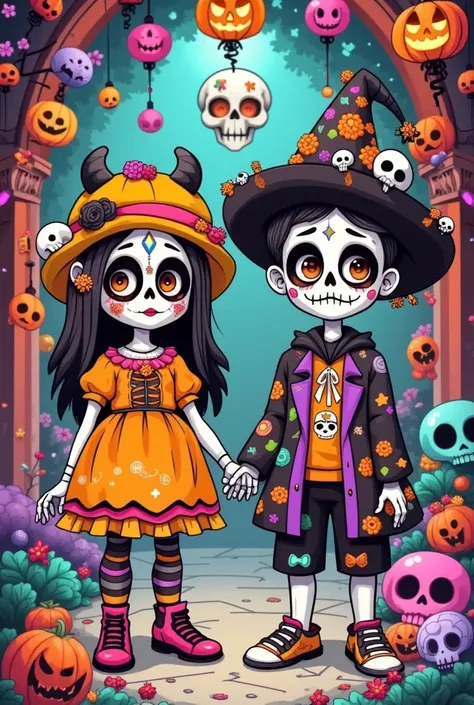  a cartoon girl and boy in Halloween costumes,  Halloween art style , Ska-style skull and girlfriend , Skullgirls, Day of the Dead!!, Trick or Treat, Day of the Dead!, Day of the Dead, Day of the Dead,  lowbrow art style , Cute skeleton,  Full-color digita...