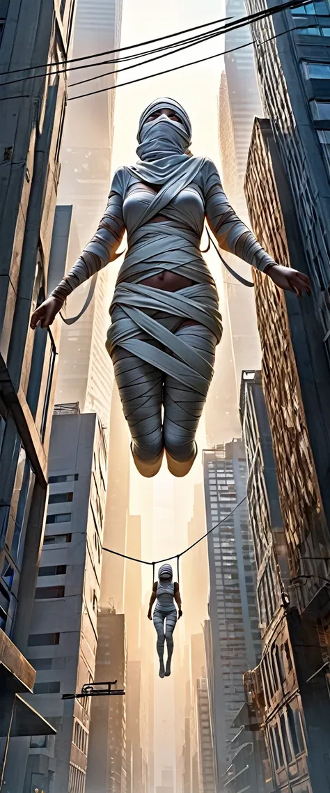 conceptual installation strange and bizarre fantasy horror art, in the skyscraper district at dawn, mummy is suspended in mid-air, bound by bandages from all sides and unable to move, delicate and dynamic textures, contrasts of light and shadow, 2.5D, arti...