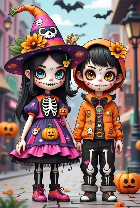   a cartoon girl and boy in Halloween costumes, Ric Nagualeros concept illustration  , Artstation competition winner , ,  Halloween art style , Ska-style skull and girlfriend , Skullgirls, Day of the Dead!!, Trick or Treat, Day of the Dead!, Day of the Dea...