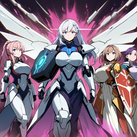 anime, high detailed, multiple womans, mature womans, mecha armor, large mechanical wings, large gauntlet, large shield in arm, ...