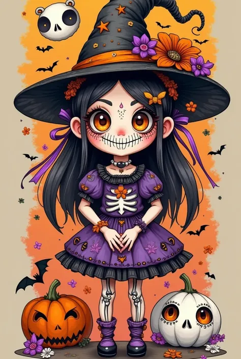 A cartoon girl wearing a witch hat and a skull costume,  Halloween art style , Witch Girl, Lovely art style, Halloween style, Cute skeleton, Skullgirls, Horror style, Scary cute , Bright witch, anime art style, Anime style illustrations, 可爱详细数字艺术,  可爱的细节艺术...