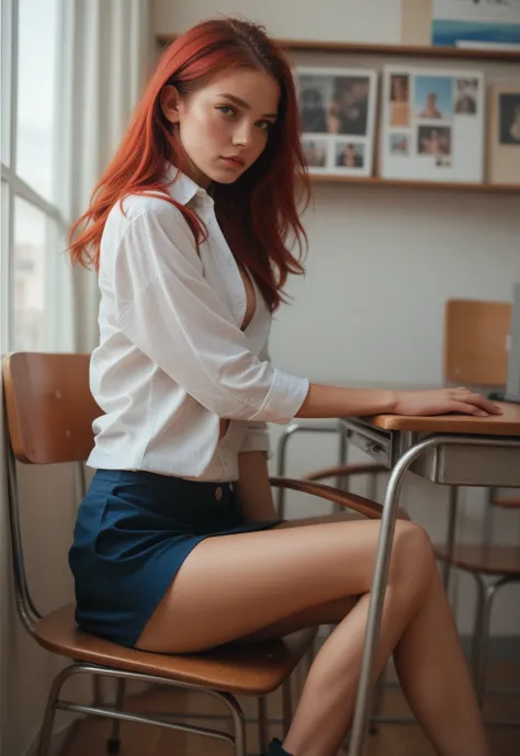  A realistic , analog, Photo,  expressive eyes ,  perfect face , red hair, short skirt,  white unbuttoned shirt, student sitting on a chair , Class