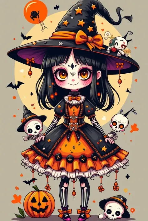 A cartoon girl wearing a witch hat and a skull costume,  Halloween art style , Witch Girl, Lovely art style, Halloween style, Cute skeleton, Skullgirls, Horror style, Scary cute , Bright witch, anime art style, Anime style illustrations, 可爱详细数字艺术,  可爱的细节艺术...