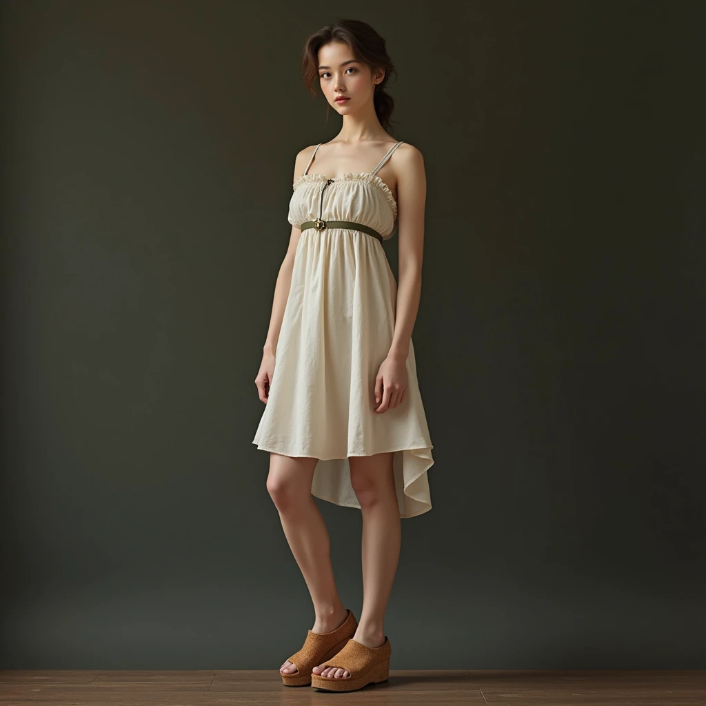 Full body shot of a girl in her 20s wearing a 18th century sleeveless chemise, cork-soled platform clogs, detailed feet, beautiful detailed eyes, beautiful detailed lips, extremely detailed eyes and face