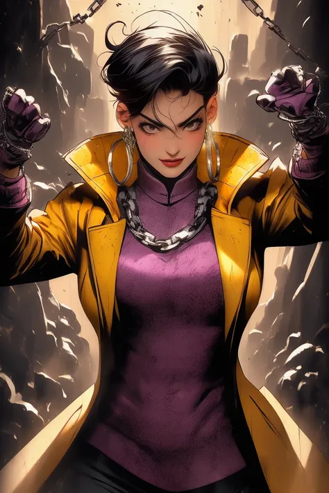 (((((Poses variadas))))), Jubilee,  short black hair,  brown eyes, Alone, standing,  upper body, smile, jubJak,  open yellow jacket ,  purple shadows on the head ,  hoop earrings , blue gloves, pink shirt , streets, Around the chain , retro, Graphite, (ins...