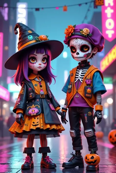 Cyberpunk Tech City，  a cartoon girl and boy in Halloween costumes, Witch Hat，Ric Nagualeros concept illustration  , Artstation competition winner , ,  Halloween art style , Ska-style skull and girlfriend , Skullgirls, Day of the Dead!!, Trick or Treat, Da...