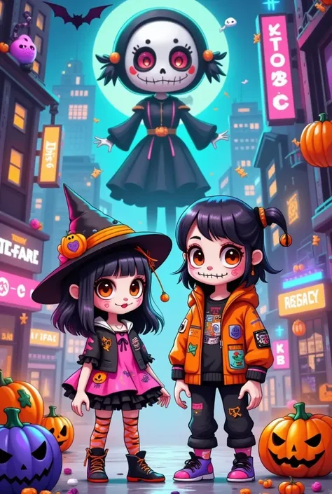 Cyberpunk Tech City，  a cartoon girl and boy in Halloween costumes, Witch Hat，Ric Nagualeros concept illustration  , Artstation competition winner , ,  Halloween art style , Ska-style skull and girlfriend , Skullgirls, Day of the Dead!!, Trick or Treat, Da...