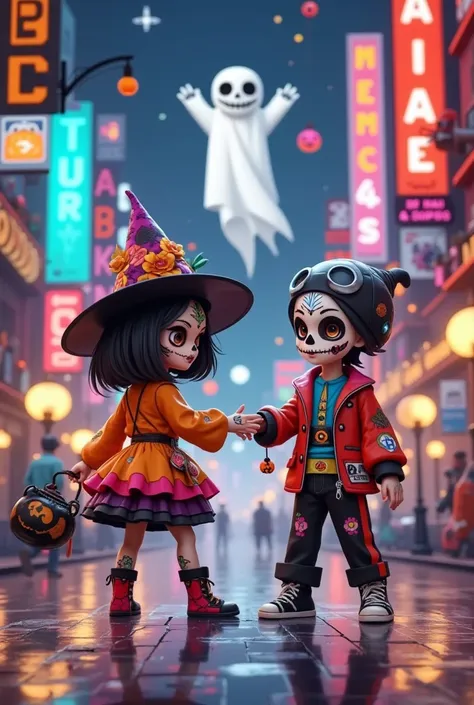 Cyberpunk Tech City，  a cartoon girl and boy in Halloween costumes,Street dancing ， Witch Hat，Ric Nagualeros concept illustration  , Artstation competition winner , ,  Halloween art style , Ska-style skull and girlfriend , Skullgirls, Day of the Dead!!, Tr...