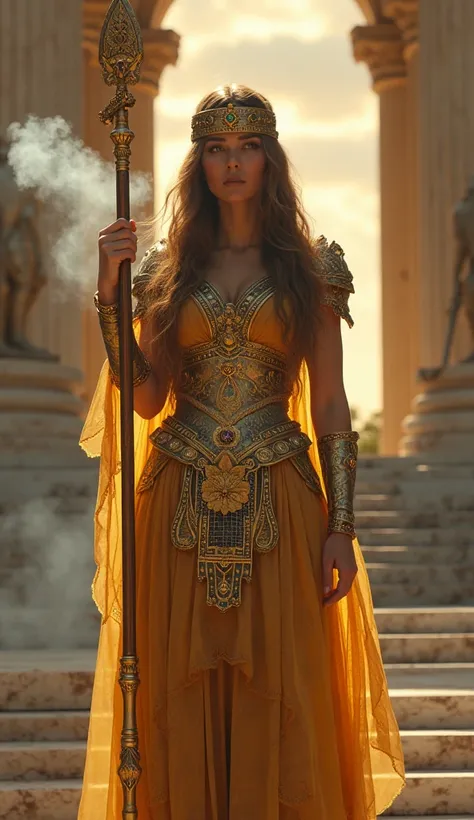 "In an alternate history version of ancient Greece, a breathtakingly beautiful warrior queen stands confidently on the marble steps of a magnificent temple under a dusky sky, adorned in an elaborate gold-embroidered tunic that reflects the soft, otherworld...