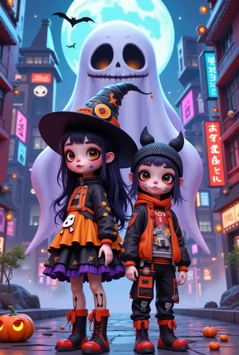 Cyberpunk Tech City， a cartoon girl and boy in halloween costumes back to back，Look at the lens， Witch Hat，Ric Nagualeros concept illustration  , Artstation competition winner , ,  Halloween art style , Ska-style skull and girlfriend , Skullgirls, Day of t...