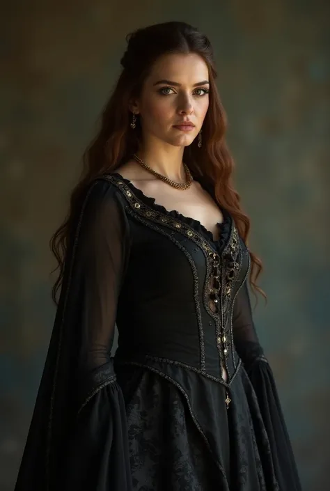 Florence Pugh with brown hair as a Morgana le Fay in the show, “Merlin”, wearing a fitted, renessaince style dress with a neutral background