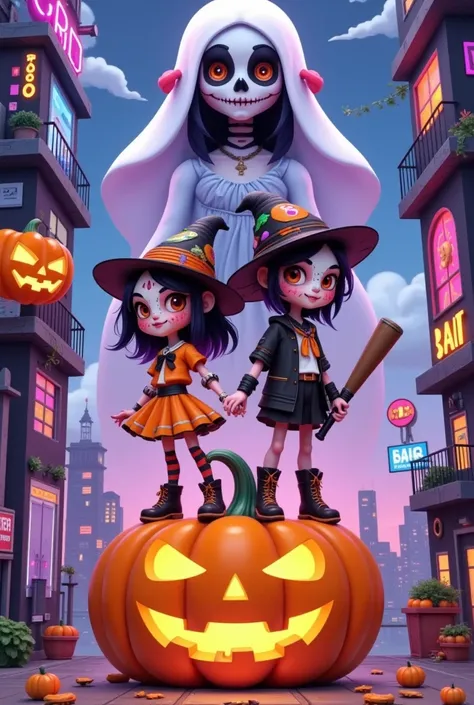 Cyberpunk Tech City， (((A cartoon girl and boy in Halloween costumes stand back to back on a giant pumpkin，Look at the lens， Witch Hat，Baseball bat)))，Ric Nagualeros concept illustration  , Artstation competition winner , ,  Halloween art style , Ska-style...