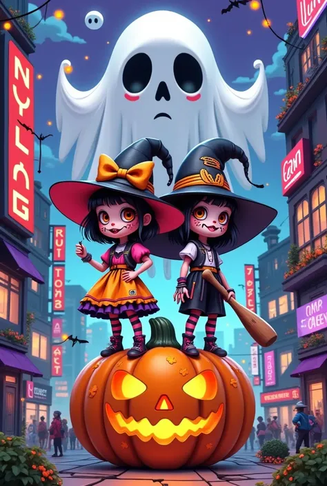 Graffiti Art：1.37.Cyberpunk Tech City， (((A cartoon girl and boy in Halloween costumes stand back to back on a giant pumpkin，Look at the lens， Witch Hat，Baseball bat)))，Ric Nagualeros concept illustration  , Artstation competition winner , ,  Halloween art...