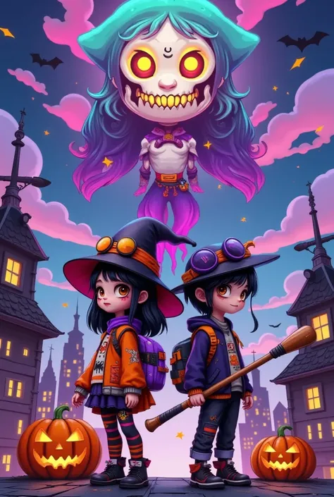 Graffiti Art：1.37.Cyberpunk Tech City， (((A cartoon girl and boy in Halloween costumes stand back to back on the roof，Look at the lens， Witch Hat，Baseball bat)))，Ric Nagualeros concept illustration  , Artstation competition winner , ,  Halloween art style ...