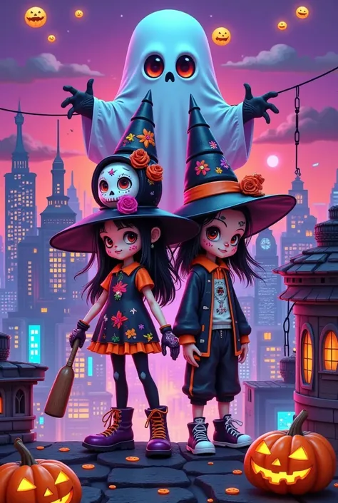 graffiti poster ， graffiti design ，graffiti illustration：1.37.Cyberpunk Tech City， ((( a cartoon girl and boy in Halloween costumes standing back to back on a roof，Look at the lens， Witch Hat，Baseball bat)))，Ric Nagualeros concept illustration  , Artstatio...