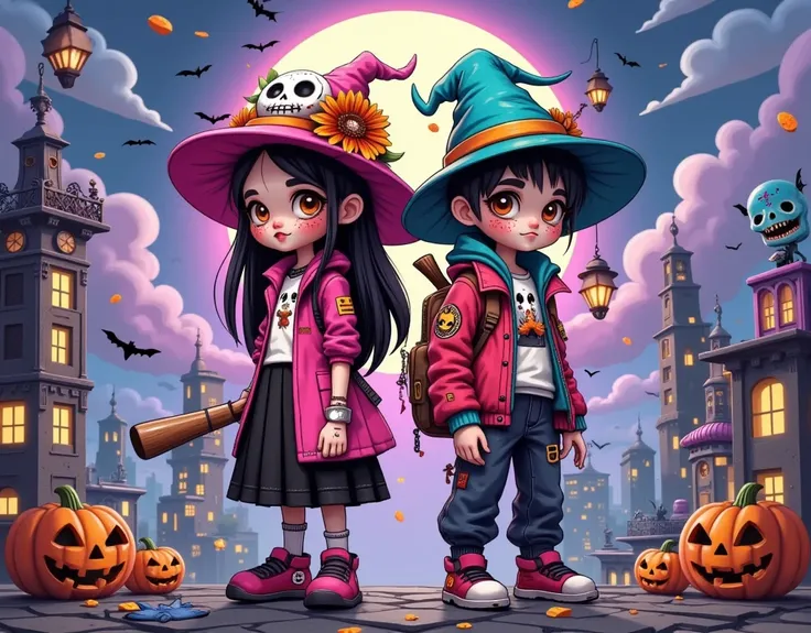 graffiti poster ， graffiti design ，graffiti illustration：1.37.Cyberpunk Tech City， (((A cartoon girl and boy in Halloween costumes stand back to back on the roof，Look at the lens， Witch Hat，Baseball bat)))，Ric Nagualeros concept illustration  , Artstation ...