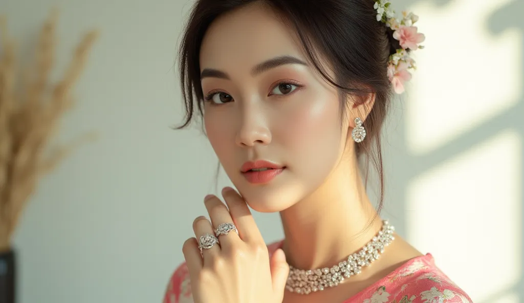 A beautiful Vietnamese woman wearing a traditional ao dai, adorned with delicate jewelry, in a clear, dreamy, and soft style. The background is gentle and minimal, with natural lighting creating a pure, serene atmosphere. Her jewelry sparkles subtly, enhan...