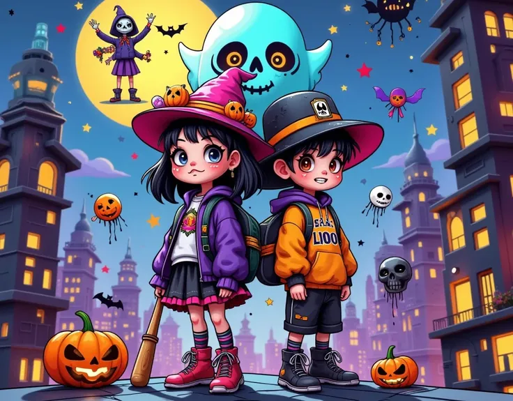 graffiti poster ， graffiti design ，graffiti illustration：1.37.Cyberpunk Tech City， ((( A cartoon girl and boy in Halloween costumes standing back to back on the roof，Look at the lens， Witch Hat，Baseball bat)))，Ric Nagualeros concept illustration  , Artstat...