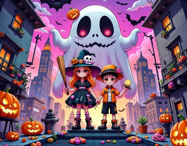 graffiti poster ， graffiti design ，graffiti illustration：1.37.Cyberpunk Tech City， (((A cartoon girl and boy in Halloween costumes stand on the roof，Look at the lens， Witch Hat，Baseball bat)))，Ric Nagualeros concept illustration  , Artstation competition w...